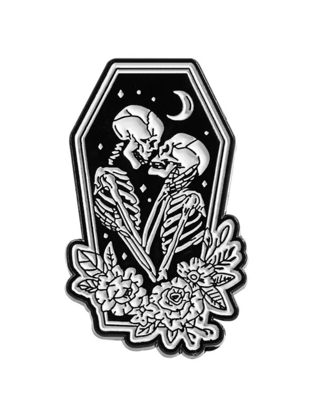 Gothic Skeleton Lovers Coffin Enamel Pin – Black & White Floral Skeleton Couple